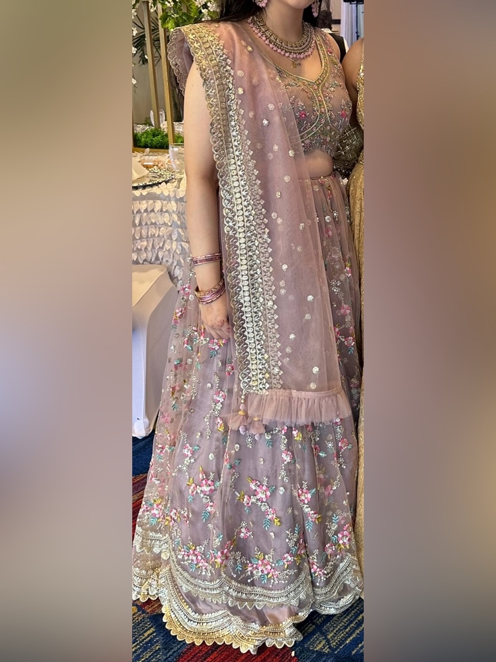 Floral Embroidered Dusty Mauve Lehenga with Sequin Work and Scalloped Trim